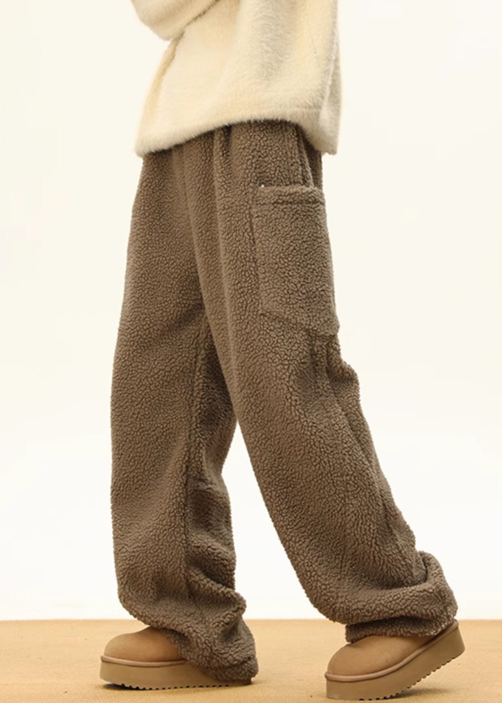 Simple Coffee Pockets Elastic Waist Teddy Faux Fur Men Pants Winter RM022 ABC