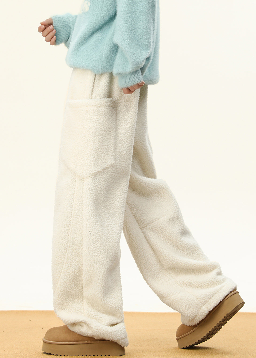 Simple Coffee Pockets Elastic Waist Teddy Faux Fur Men Pants Winter RM022 ABC