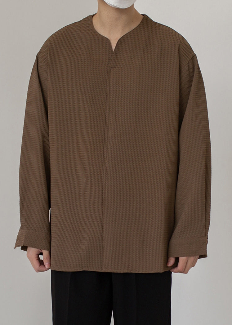 Pullover Shirts Solid Cotton Coffee Simple Neck Men Spring V FashionChic