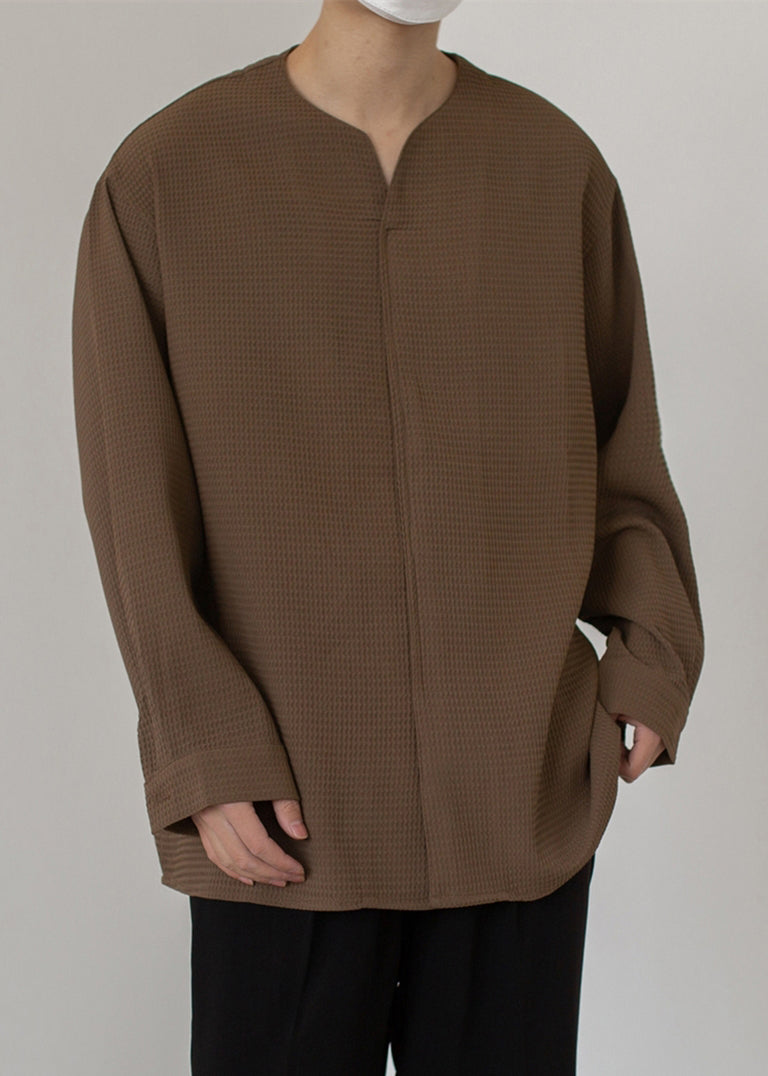Pullover Shirts Solid Cotton Coffee Simple Neck Men Spring V FashionChic