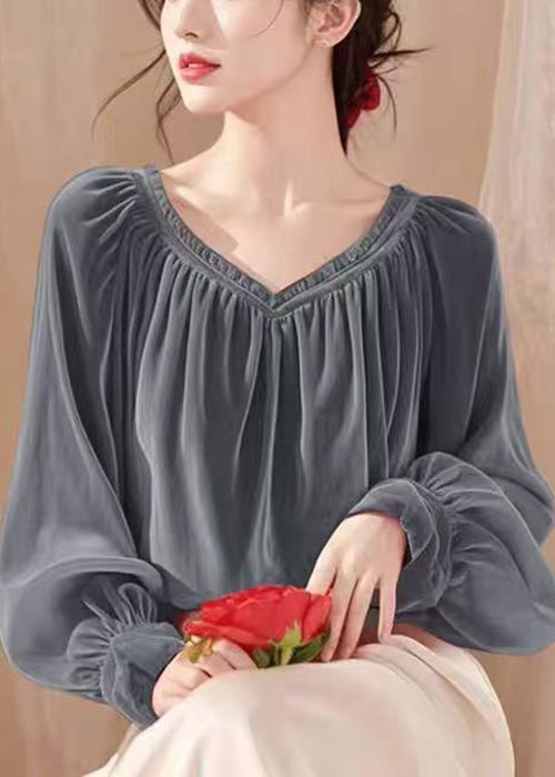 Simple Coffee V Neck Wrinkled Solid Silk Velour Shirt Spring TY007