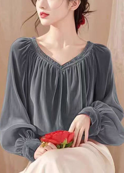 Simple Coffee V Neck Wrinkled Solid Silk Velour Shirt Spring TY007