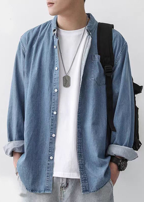Button Men Simple Pan Shirts Peter Denim Dark Blue Spring Collar FashionChic