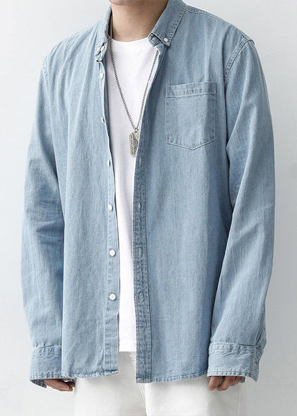 Button Men Simple Pan Shirts Peter Denim Dark Blue Spring Collar FashionChic