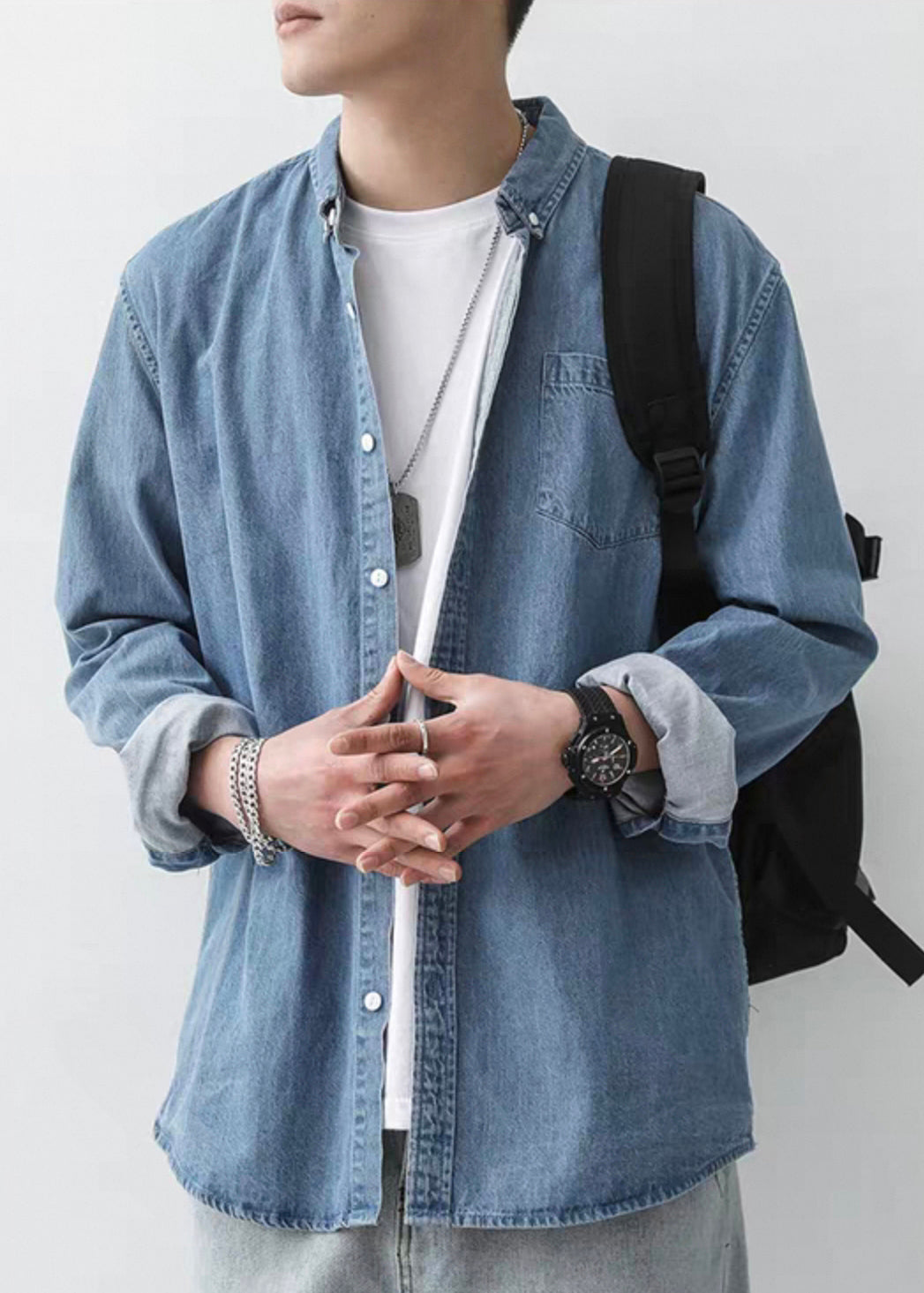 Button Men Simple Pan Shirts Peter Denim Dark Blue Spring Collar FashionChic