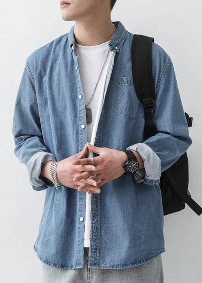 Button Men Simple Pan Shirts Peter Denim Dark Blue Spring Collar FashionChic