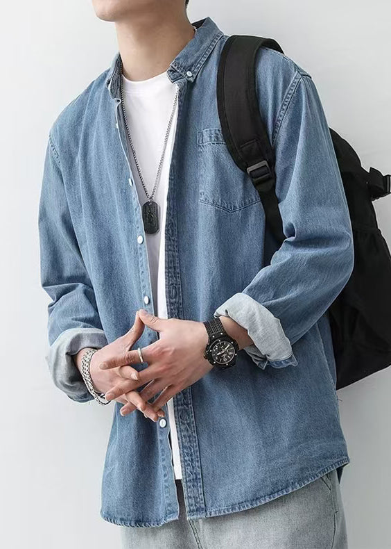 Button Men Simple Pan Shirts Peter Denim Dark Blue Spring Collar FashionChic