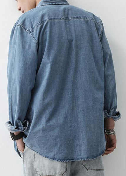 Button Men Simple Pan Shirts Peter Denim Dark Blue Spring Collar FashionChic