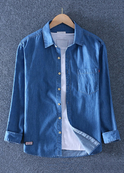Collar Denim Peter Blue Pan Men Dark Solid Pockets Shirts Simple FashionChic