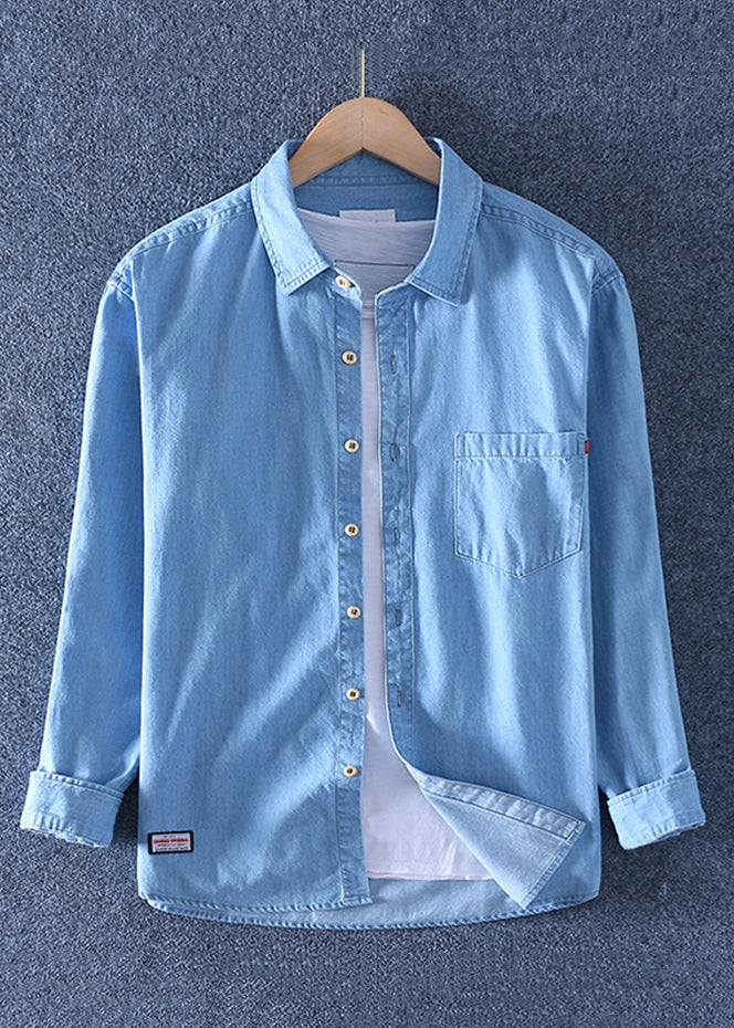 Collar Denim Peter Blue Pan Men Dark Solid Pockets Shirts Simple FashionChic