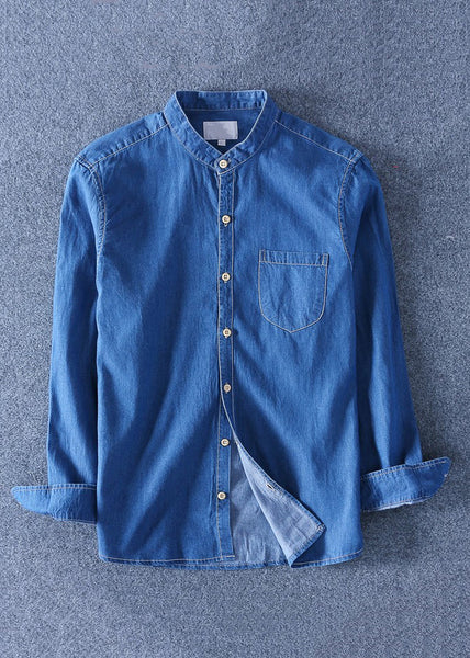 Collar Denim Peter Blue Pan Men Dark Solid Pockets Shirts Simple FashionChic