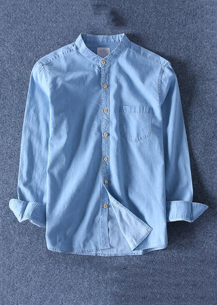 Collar Denim Peter Blue Pan Men Dark Solid Pockets Shirts Simple FashionChic