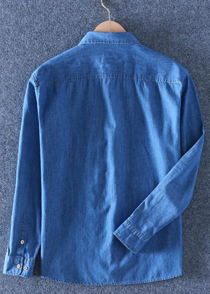 Collar Denim Peter Blue Pan Men Dark Solid Pockets Shirts Simple FashionChic