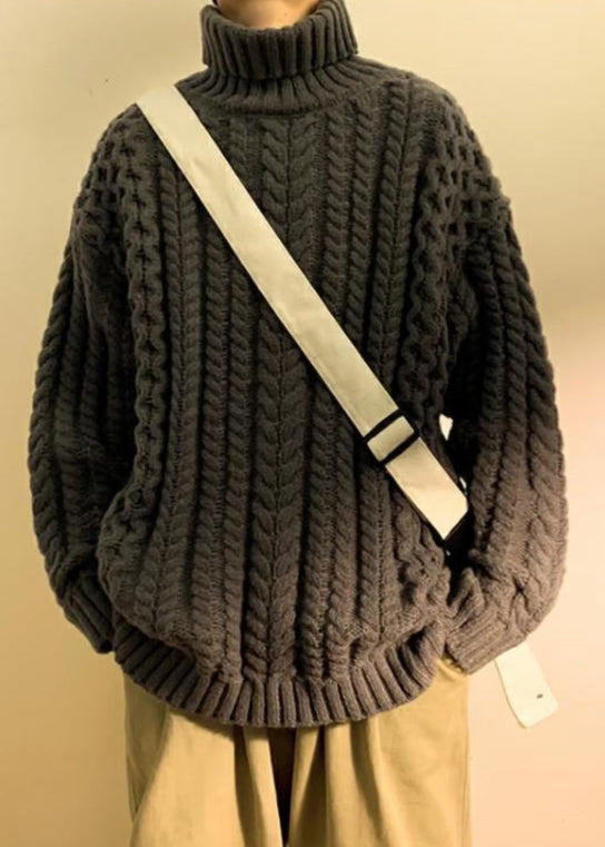 Simple Dark Gray Cozy Cotton Cable Knit Men Sweaters Turtleneck Winter RJ043 ABC