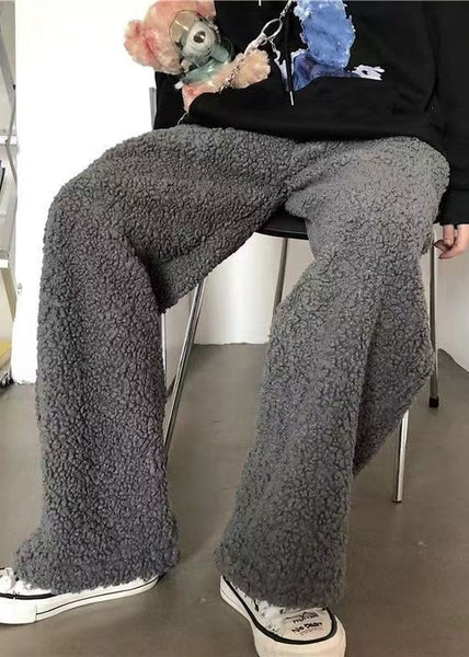 Simple Dark Gray Drawstring Solid Teddy Faux Fur Mens Beam Pants Winter RM036 ABC