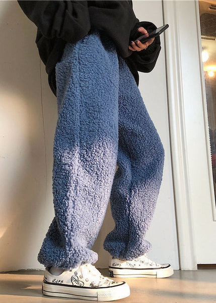 Simple Dark Gray Drawstring Solid Teddy Faux Fur Mens Beam Pants Winter RM036 ABC