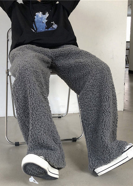 Simple Dark Gray Drawstring Solid Teddy Faux Fur Mens Beam Pants Winter RM036 ABC