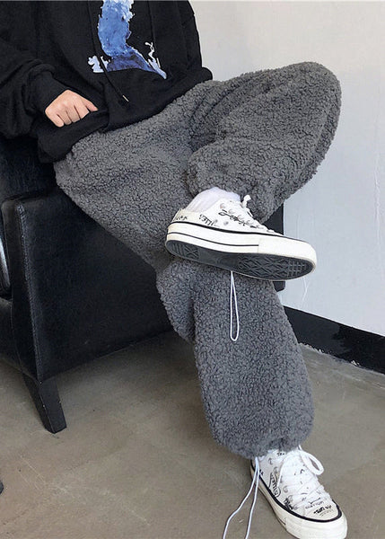Simple Dark Gray Drawstring Solid Teddy Faux Fur Mens Beam Pants Winter RM036 ABC