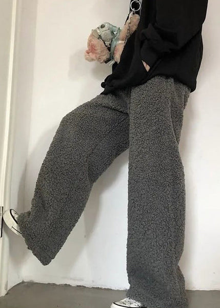 Simple Dark Gray Drawstring Solid Teddy Faux Fur Mens Beam Pants Winter RM036 ABC