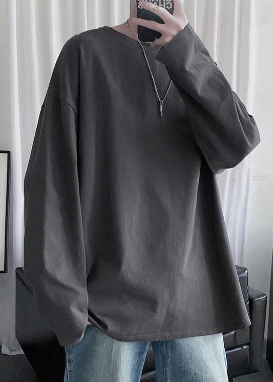 Gray T Mens Cotton Simple Neck Dark Spring Solid Shirt O FashionChic