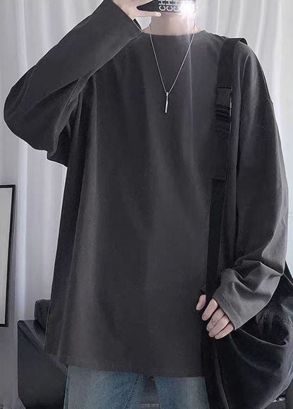 Gray T Mens Cotton Simple Neck Dark Spring Solid Shirt O FashionChic