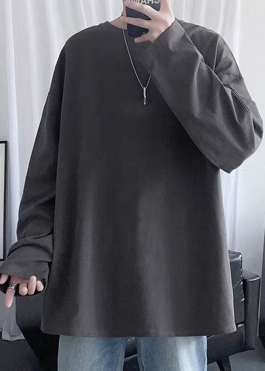 Gray T Mens Cotton Simple Neck Dark Spring Solid Shirt O FashionChic