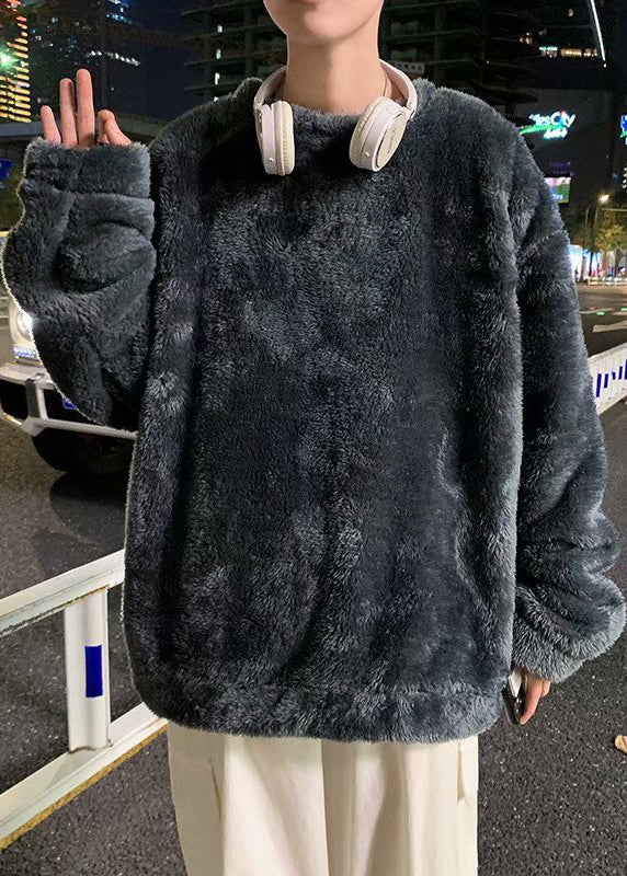 Simple Dark Gray O Neck Solid Thick Fluffy Mens T Shirts Winter RP055 ABC