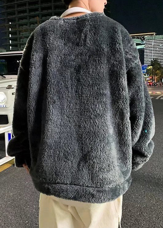 Simple Dark Gray O Neck Solid Thick Fluffy Mens T Shirts Winter RP055 ABC