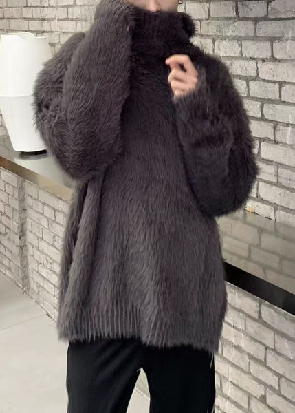 Simple Dark Gray Solid Mink Hair Knitted Mens Sweaters Turtleneck Winter RC041 ABC