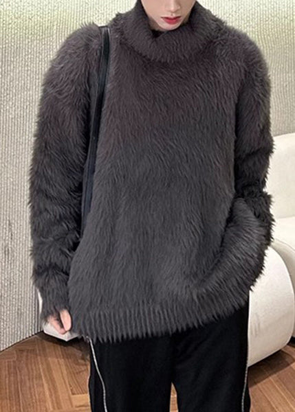 Simple Dark Gray Solid Mink Hair Knitted Mens Sweaters Turtleneck Winter RC041 ABC