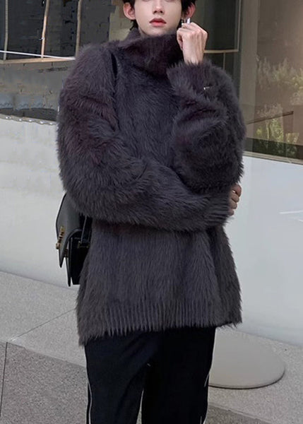 Simple Dark Gray Solid Mink Hair Knitted Mens Sweaters Turtleneck Winter RC041 ABC