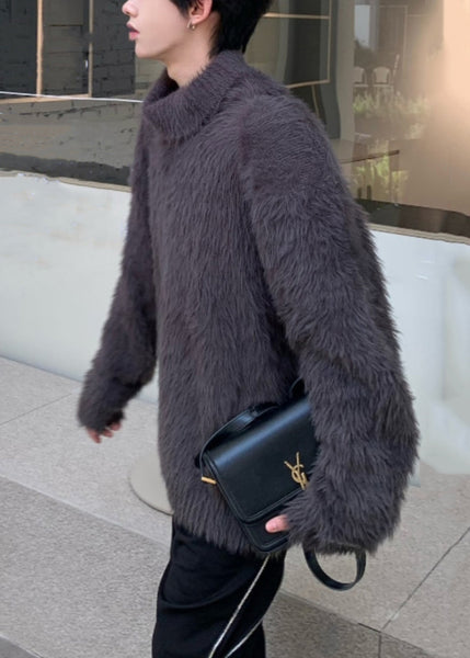 Simple Dark Gray Solid Mink Hair Knitted Mens Sweaters Turtleneck Winter RC041 ABC