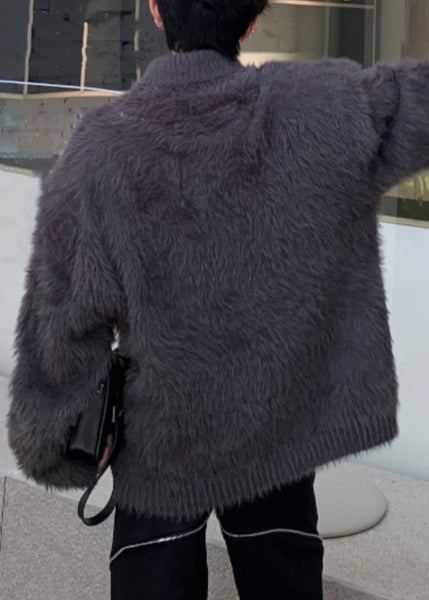 Simple Dark Gray Solid Mink Hair Knitted Mens Sweaters Turtleneck Winter RC041 ABC