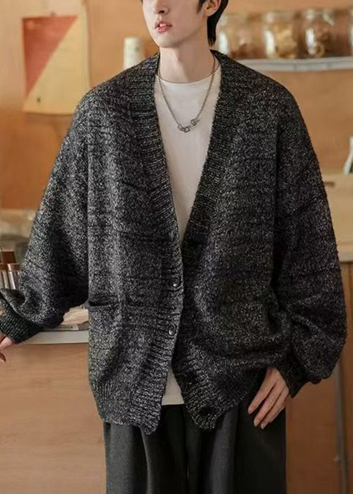 Spring Cardigans Simple Mens Pockets Neck V Gray Knit Dark FashionChic