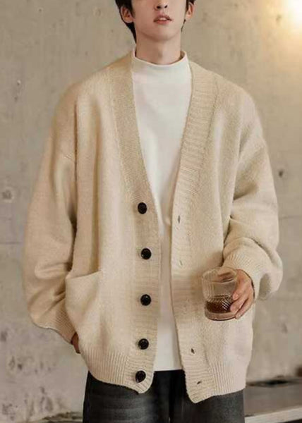 Spring Cardigans Simple Mens Pockets Neck V Gray Knit Dark FashionChic