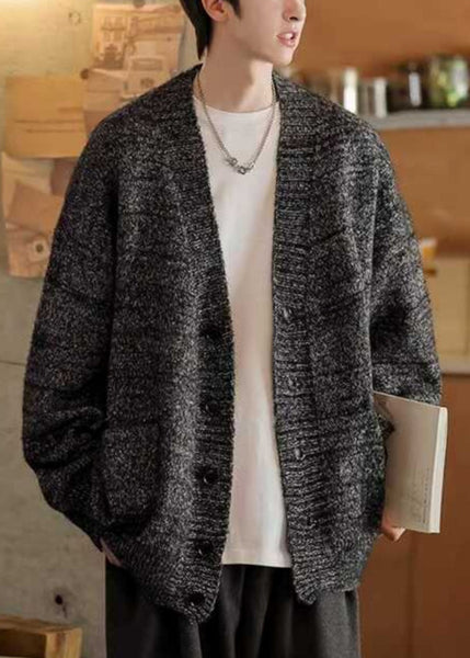 Spring Cardigans Simple Mens Pockets Neck V Gray Knit Dark FashionChic