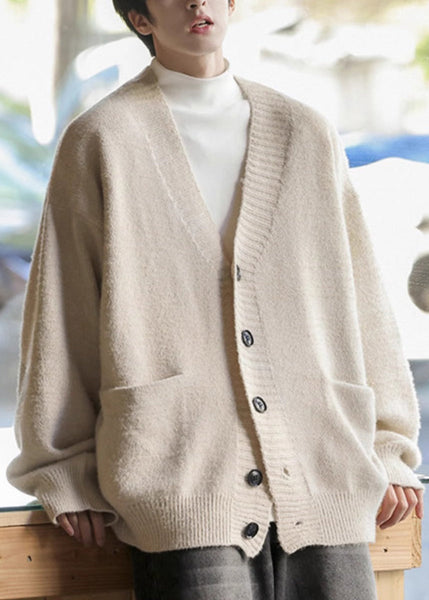 Spring Cardigans Simple Mens Pockets Neck V Gray Knit Dark FashionChic