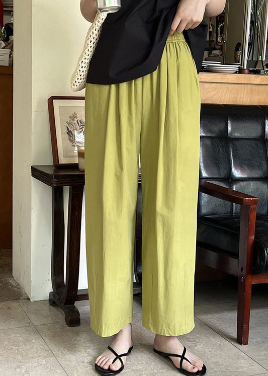 Simple Green Pockets Elastic Waist Cotton Crop Pants Summer MZF-CPTS250315