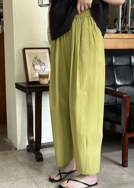 Simple Green Pockets Elastic Waist Cotton Crop Pants Summer MZF-CPTS250315