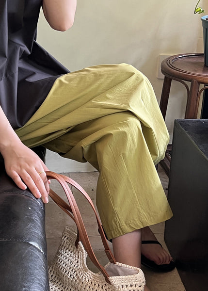 Simple Green Pockets Elastic Waist Cotton Crop Pants Summer MZF-CPTS250315