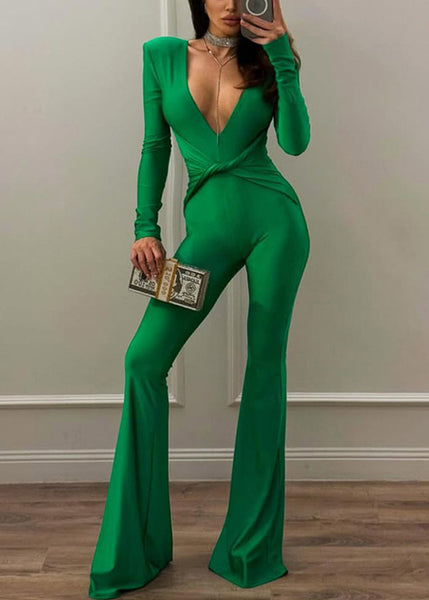 Green Cotton High V Waist Trousers Simple Neck Solid Flared FashionChic