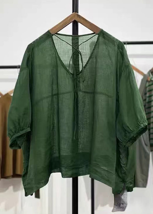 Simple Green V Neck Lace Up Cotton Top Half Sleeve RE004 MZF-HTP240807