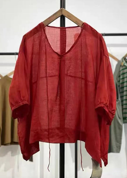 Simple Green V Neck Lace Up Cotton Top Half Sleeve RE004 MZF-HTP240807