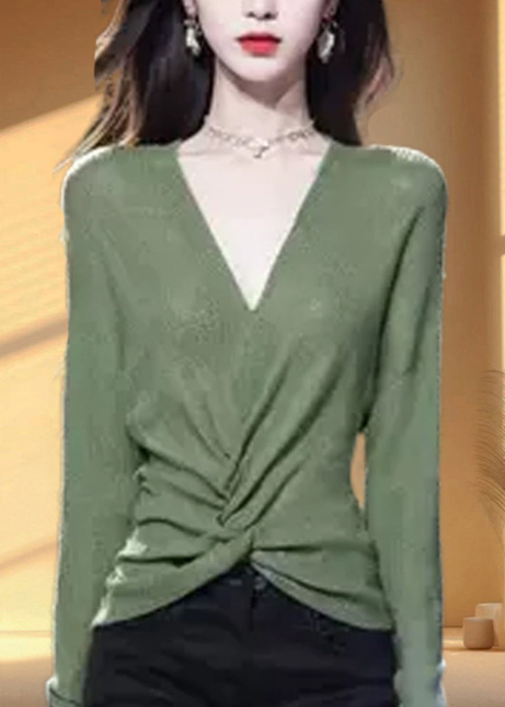 Simple Green V Neck Solid Cozy Knit Sweater Fall WQ035 OL-NTP241031