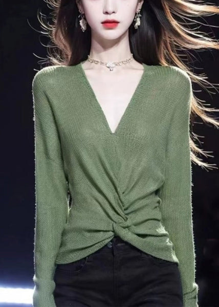 Simple Green V Neck Solid Cozy Knit Sweater Fall WQ035 OL-NTP241031