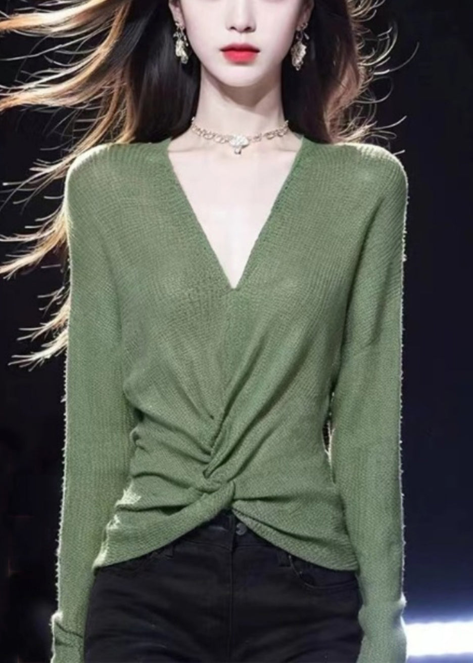 Simple Green V Neck Solid Cozy Knit Sweater Fall WQ035 OL-NTP241031