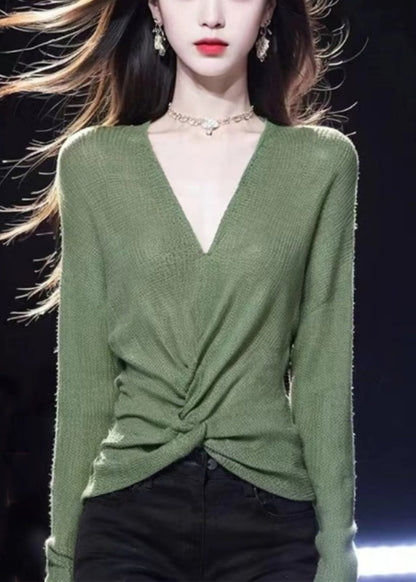 Simple Green V Neck Solid Cozy Knit Sweater Fall WQ035 OL-NTP241031