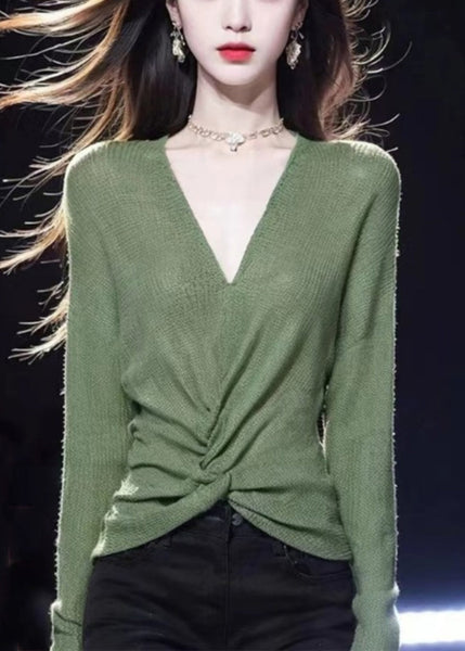 Simple Green V Neck Solid Cozy Knit Sweater Fall WQ035 OL-NTP241031