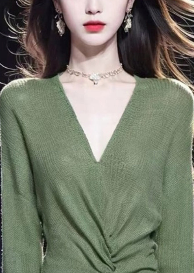 Simple Green V Neck Solid Cozy Knit Sweater Fall WQ035 OL-NTP241031