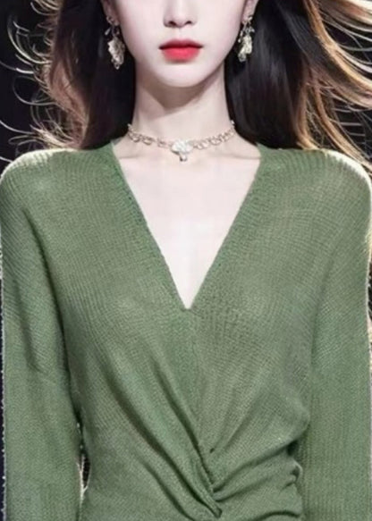 Simple Green V Neck Solid Cozy Knit Sweater Fall WQ035 OL-NTP241031